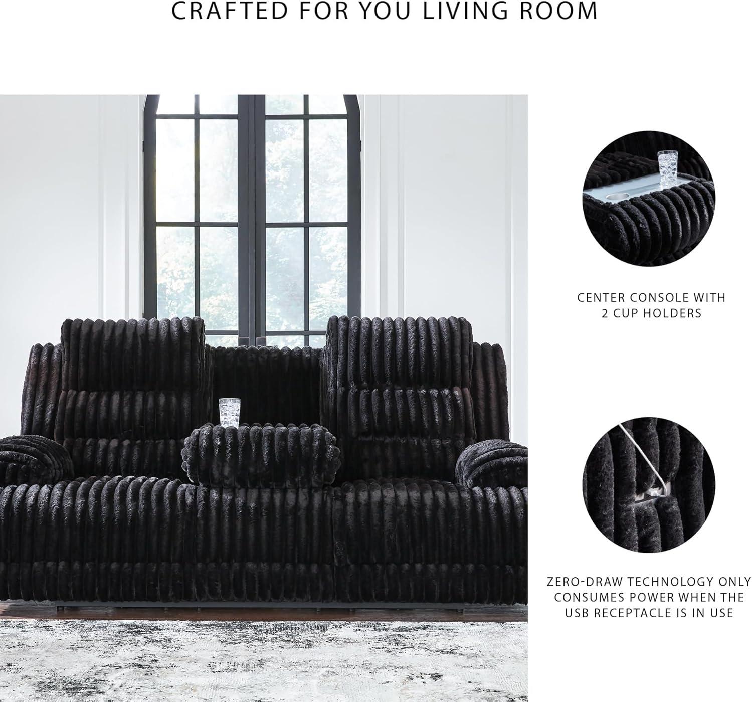imageSignature Design by Ashley Higgesbee Contemporary DualSided Power Reclining Sofa with Drop Down Table USB Charging Port and 2 Cup Holders Light GrayBlack