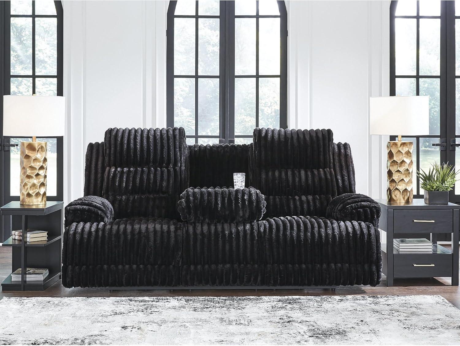imageSignature Design by Ashley Higgesbee Contemporary DualSided Power Reclining Sofa with Drop Down Table USB Charging Port and 2 Cup Holders Light GrayBlack