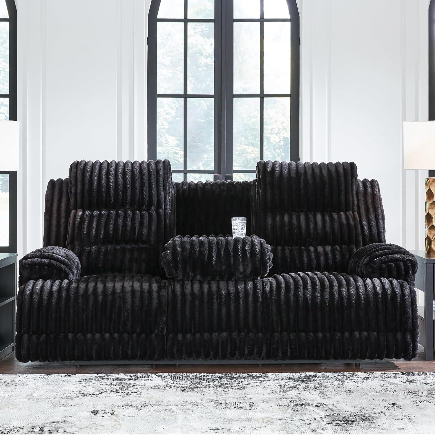 imageSignature Design by Ashley Higgesbee Contemporary DualSided Power Reclining Sofa with Drop Down Table USB Charging Port and 2 Cup Holders Light GrayBlack