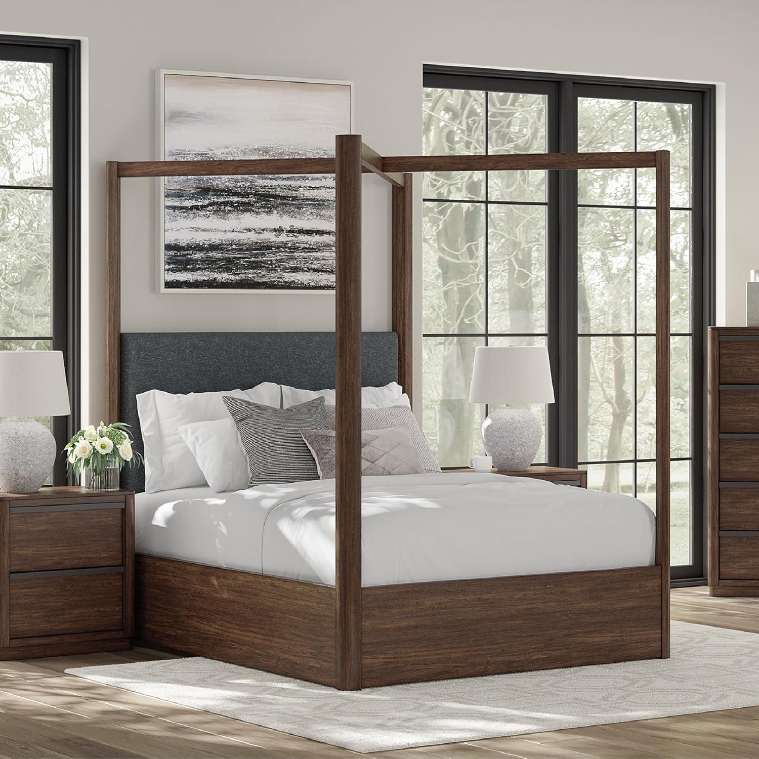 imageSignature Design by Ashley Kendamor Modern Canopy Bed with Upholstered Headboard and Nailhead Accents Foundation or Box Spring Needed Queen Dark BrownQueen Canopy Bed