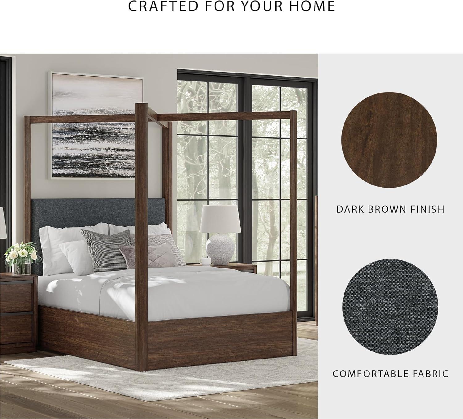 imageSignature Design by Ashley Kendamor Modern Canopy Bed with Upholstered Headboard and Nailhead Accents Foundation or Box Spring Needed Queen Dark BrownQueen Canopy Bed