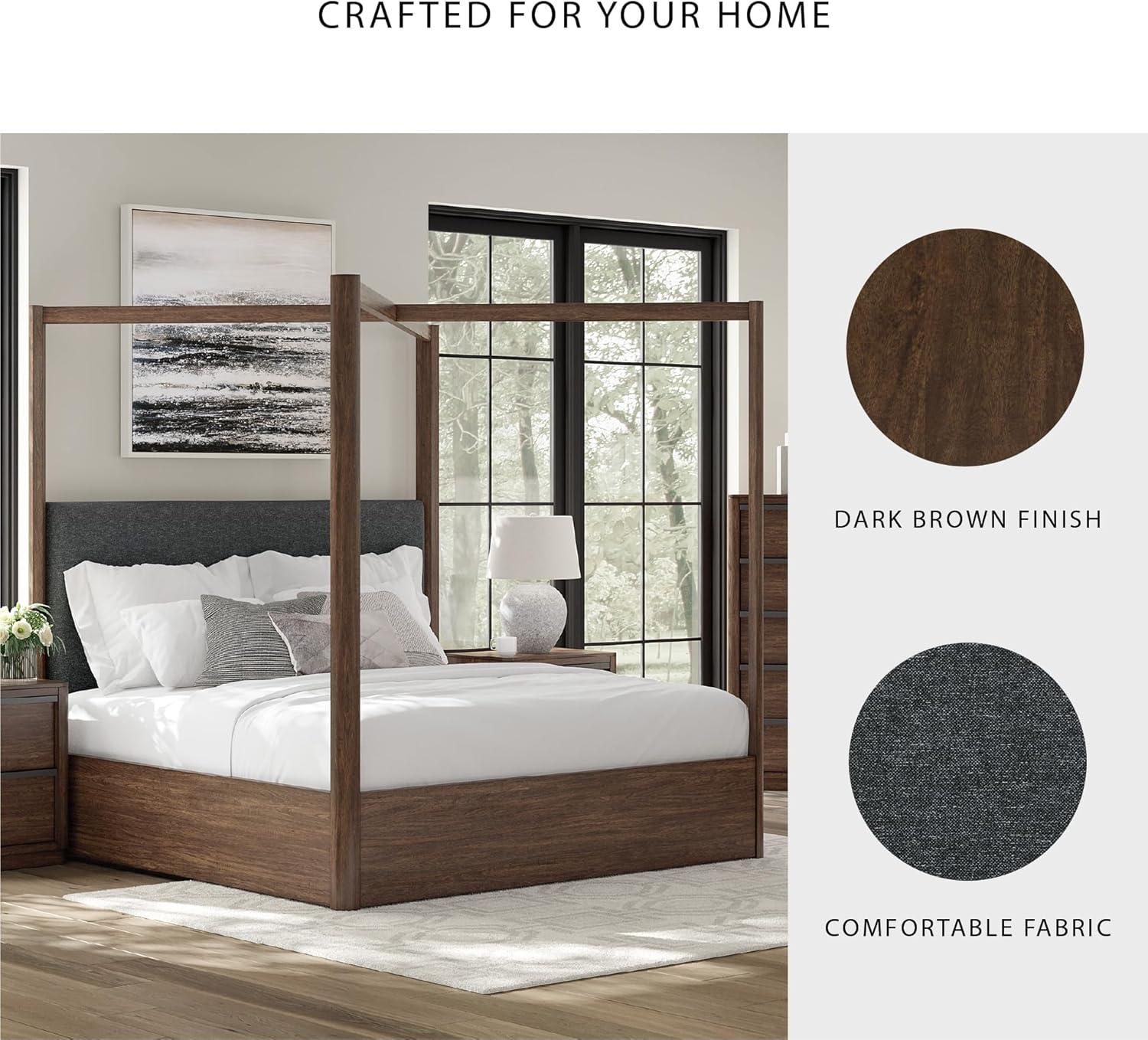 imageSignature Design by Ashley Kendamor Modern Canopy Bed with Upholstered Headboard and Nailhead Accents Foundation or Box Spring Needed Queen Dark BrownKing Canopy Bed