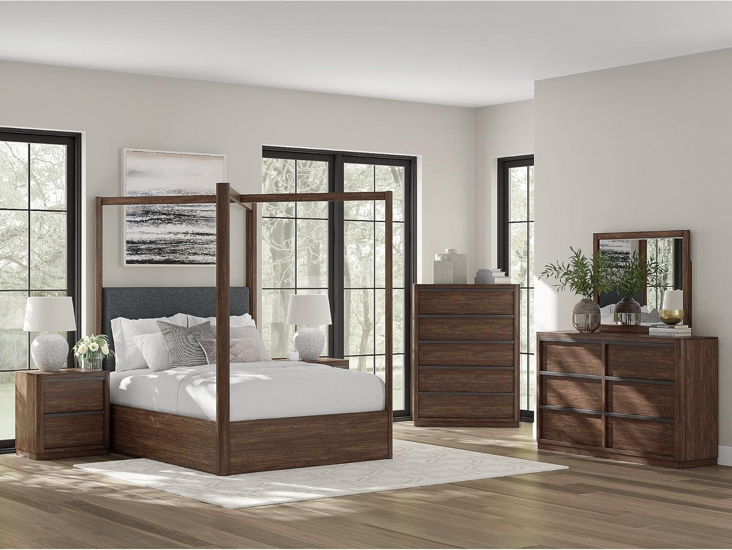 imageSignature Design by Ashley Kendamor Modern Canopy Bed with Upholstered Headboard and Nailhead Accents Foundation or Box Spring Needed Queen Dark BrownQueen Canopy Bed