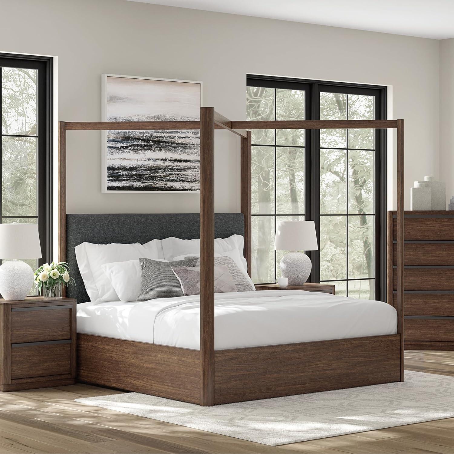 imageSignature Design by Ashley Kendamor Modern Canopy Bed with Upholstered Headboard and Nailhead Accents Foundation or Box Spring Needed Queen Dark BrownKing Canopy Bed