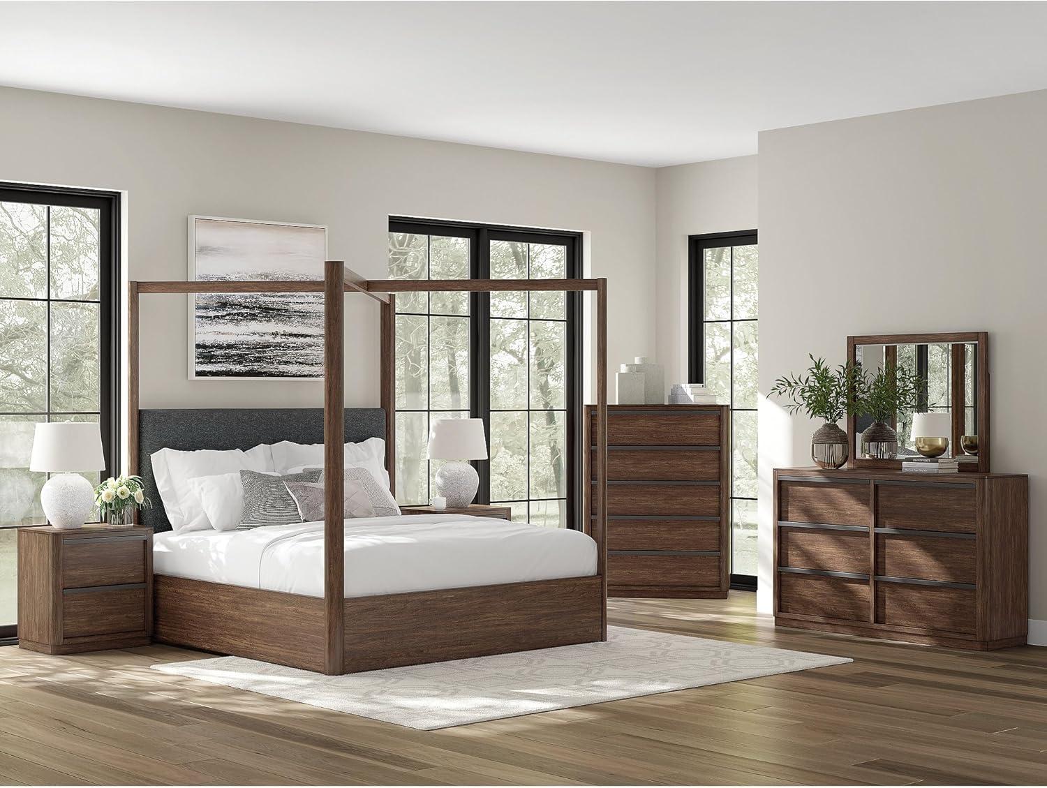 imageSignature Design by Ashley Kendamor Modern Canopy Bed with Upholstered Headboard and Nailhead Accents Foundation or Box Spring Needed Queen Dark BrownKing Canopy Bed