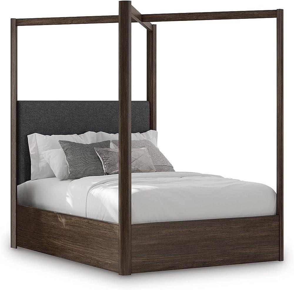 imageSignature Design by Ashley Kendamor Modern Canopy Bed with Upholstered Headboard and Nailhead Accents Foundation or Box Spring Needed Queen Dark BrownQueen Canopy Bed