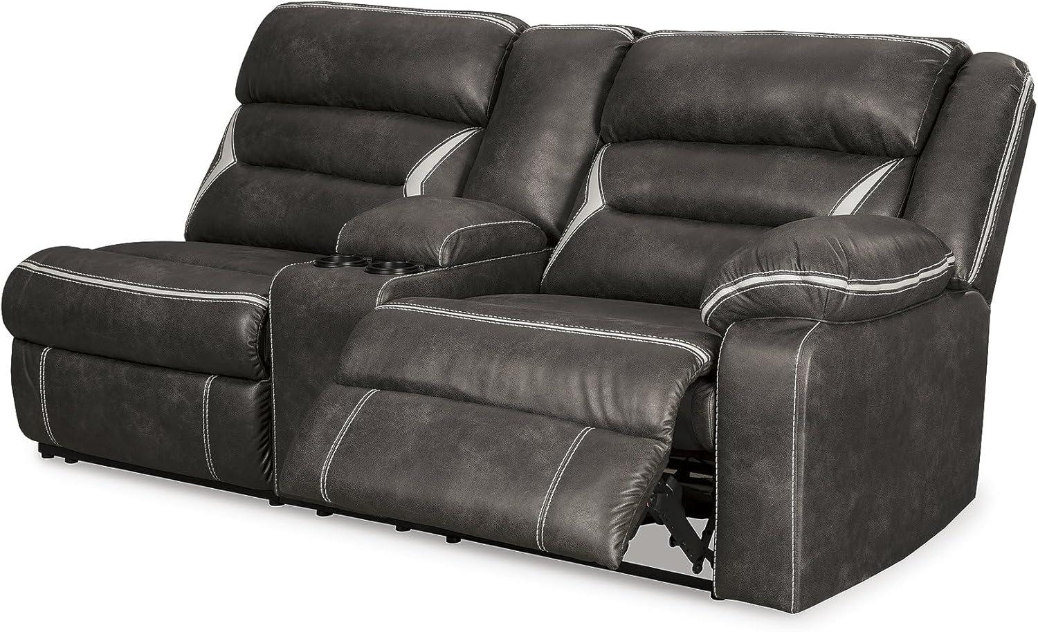 imageSignature Design by Ashley Kincord Contemporary Faux Leather 2Piece Power Reclining Sectional Sofa with USB Charging Ports Console Cup Holders and Storage Dark BrownSymmetrical