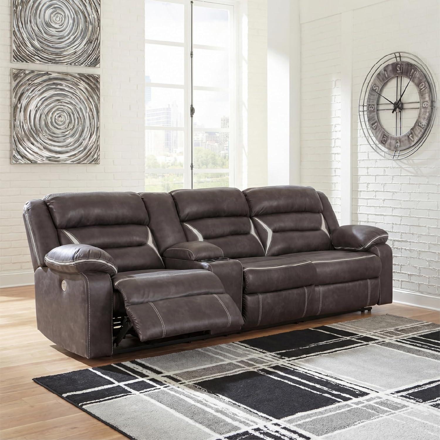 imageSignature Design by Ashley Kincord Contemporary Faux Leather 2Piece Power Reclining Sectional Sofa with USB Charging Ports Console Cup Holders and Storage Dark BrownLeft Arm Rest