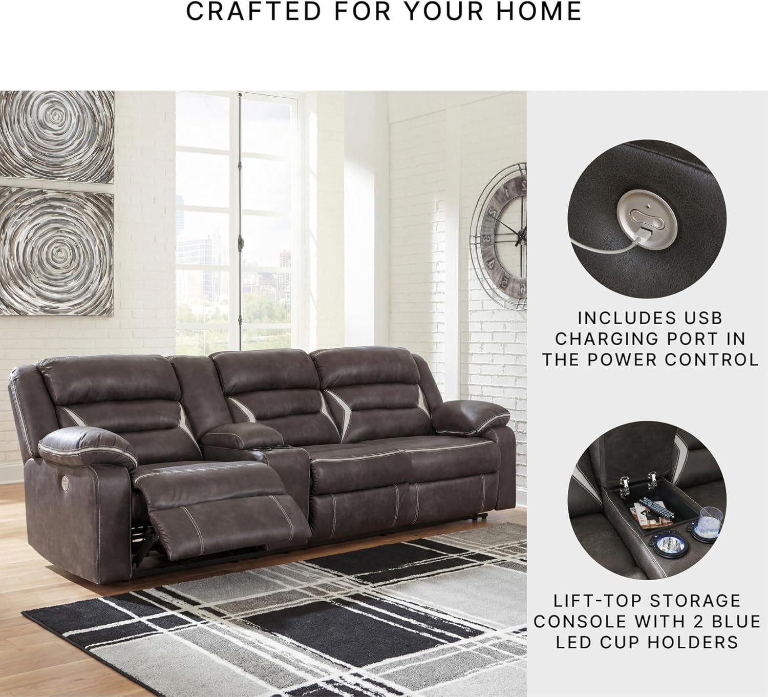 imageSignature Design by Ashley Kincord Contemporary Faux Leather 2Piece Power Reclining Sectional Sofa with USB Charging Ports Console Cup Holders and Storage Dark BrownLeft Arm Rest