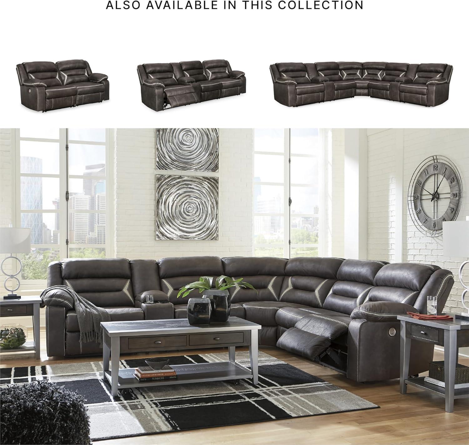 imageSignature Design by Ashley Kincord Contemporary Faux Leather 2Piece Power Reclining Sectional Sofa with USB Charging Ports Console Cup Holders and Storage Dark BrownRight Arm Rest