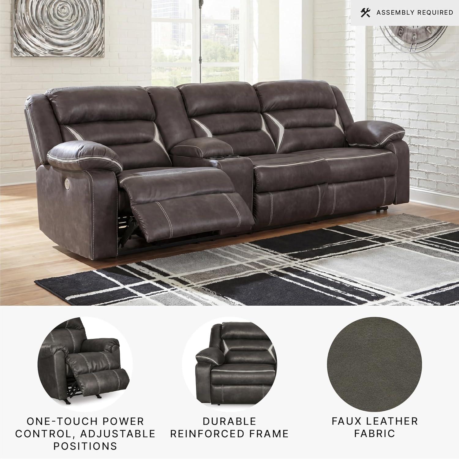 imageSignature Design by Ashley Kincord Contemporary Faux Leather 2Piece Power Reclining Sectional Sofa with USB Charging Ports Console Cup Holders and Storage Dark BrownLeft Arm Rest