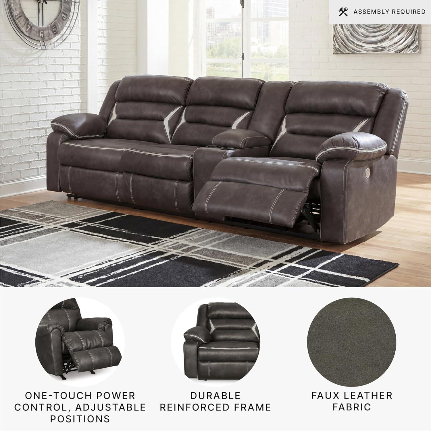 imageSignature Design by Ashley Kincord Contemporary Faux Leather 2Piece Power Reclining Sectional Sofa with USB Charging Ports Console Cup Holders and Storage Dark BrownRight Arm Rest