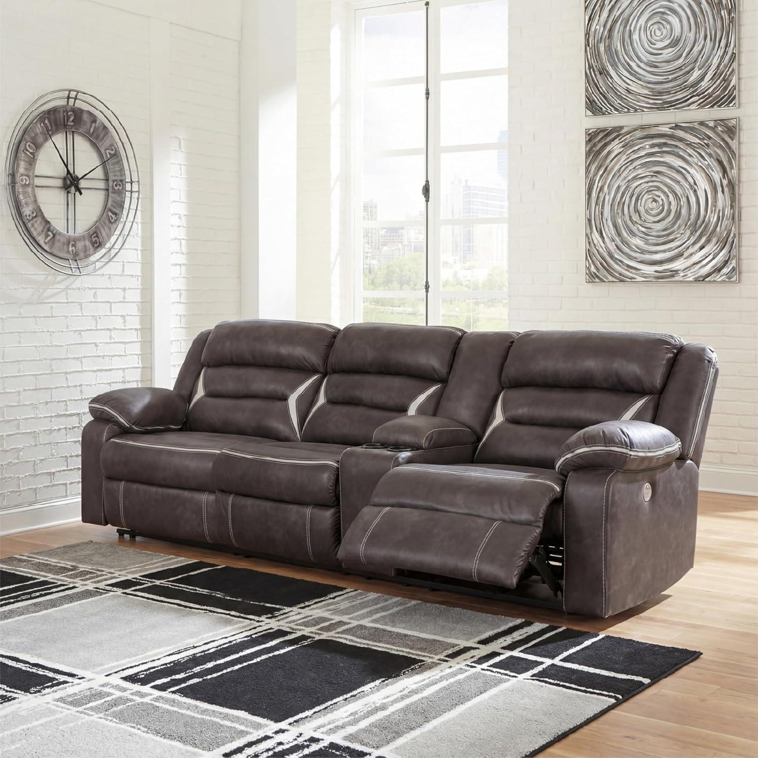 imageSignature Design by Ashley Kincord Contemporary Faux Leather 2Piece Power Reclining Sectional Sofa with USB Charging Ports Console Cup Holders and Storage Dark BrownRight Arm Rest