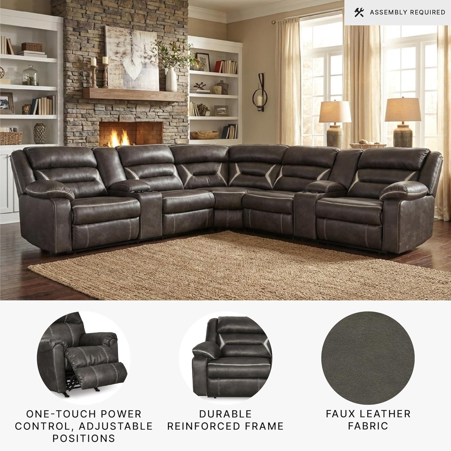 imageSignature Design by Ashley Kincord Contemporary Faux Leather 2Piece Power Reclining Sectional Sofa with USB Charging Ports Console Cup Holders and Storage Dark BrownSymmetrical