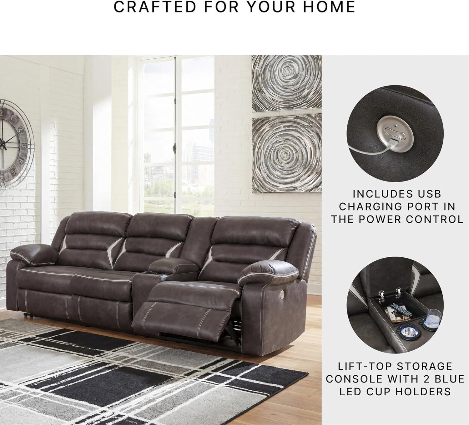 imageSignature Design by Ashley Kincord Contemporary Faux Leather 2Piece Power Reclining Sectional Sofa with USB Charging Ports Console Cup Holders and Storage Dark BrownRight Arm Rest
