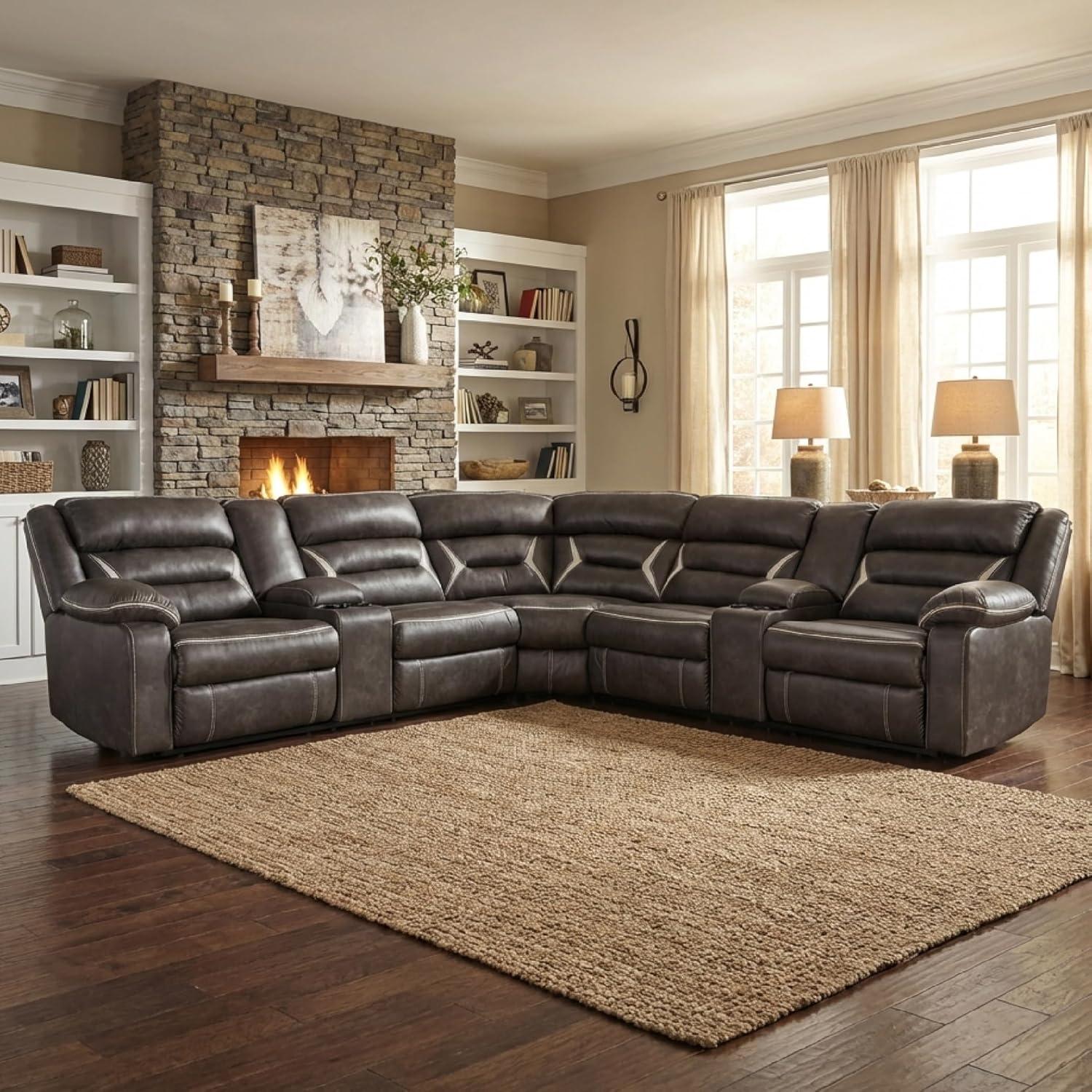 imageSignature Design by Ashley Kincord Contemporary Faux Leather 2Piece Power Reclining Sectional Sofa with USB Charging Ports Console Cup Holders and Storage Dark BrownSymmetrical