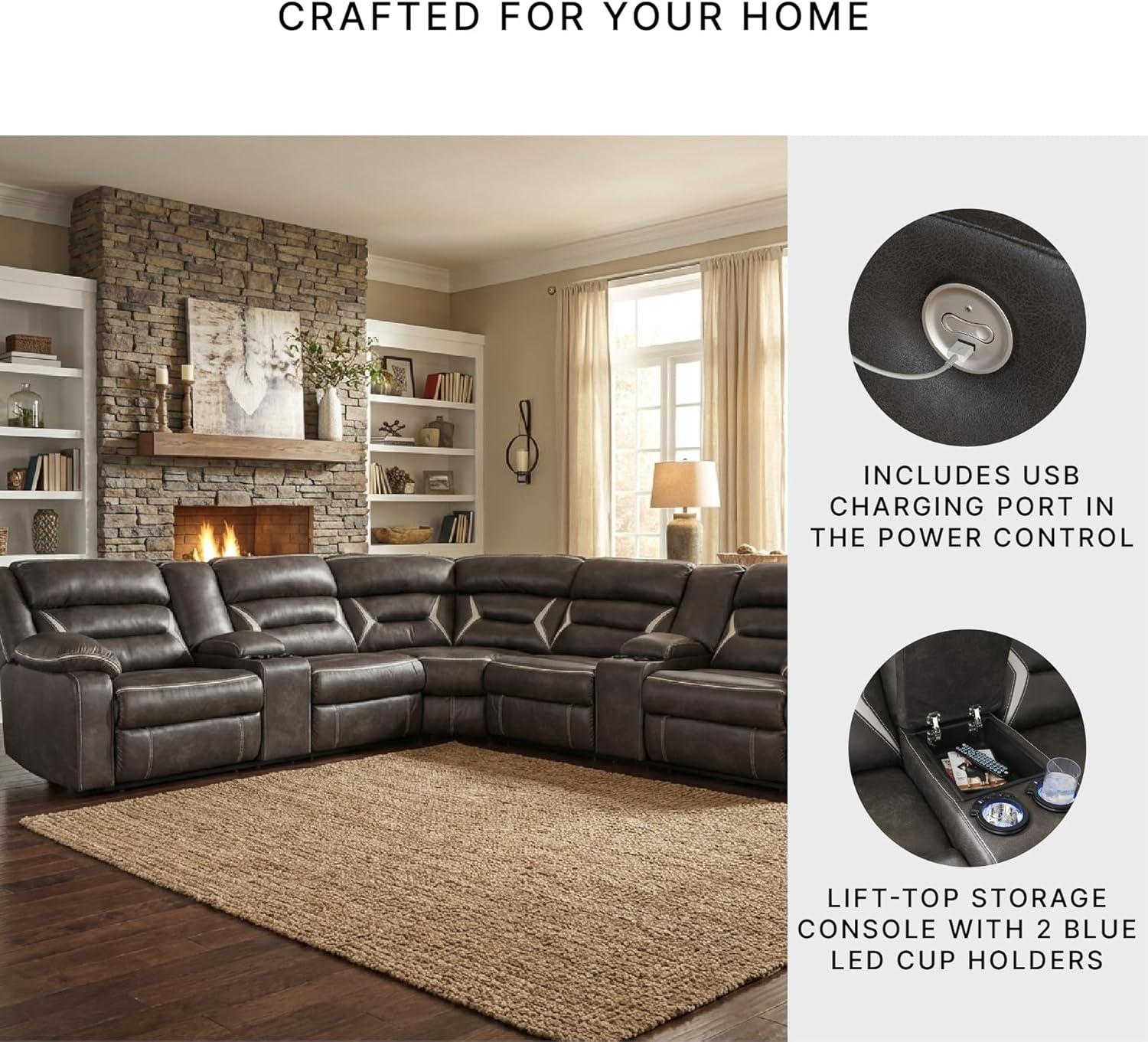 imageSignature Design by Ashley Kincord Contemporary Faux Leather 2Piece Power Reclining Sectional Sofa with USB Charging Ports Console Cup Holders and Storage Dark BrownSymmetrical