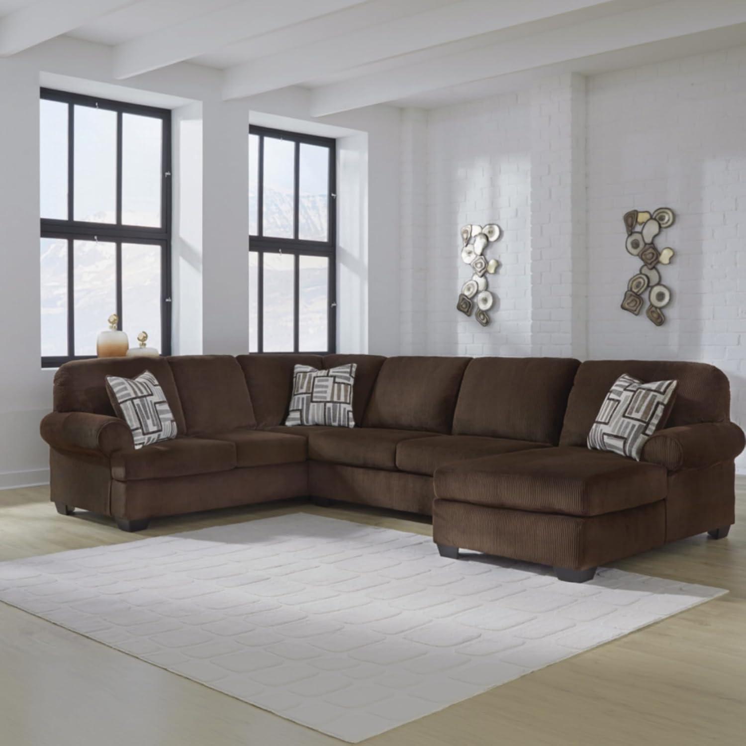 imageSignature Design by Ashley Landsings Straight Casual 2Piece Super Chaise with Removable Cushion and Rolled Arm Dark BrownRight Hand 3Piece Sectional with Chaise