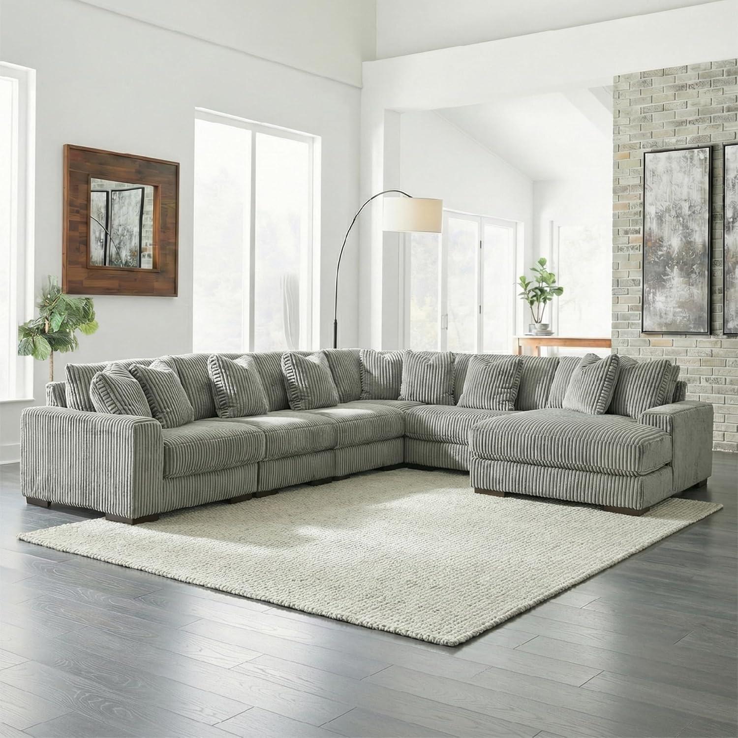 imageSignature Design by Ashley Lindyn Casual Anti Sag 3Piece Sectional with Double Chaise Reversible Cushions and 5 Accent Pillows GrayGrey