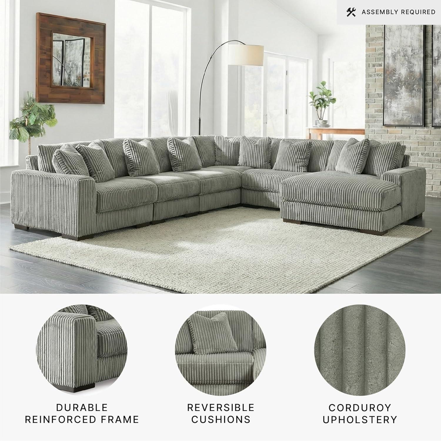 imageSignature Design by Ashley Lindyn Casual Anti Sag 3Piece Sectional with Double Chaise Reversible Cushions and 5 Accent Pillows GrayGrey