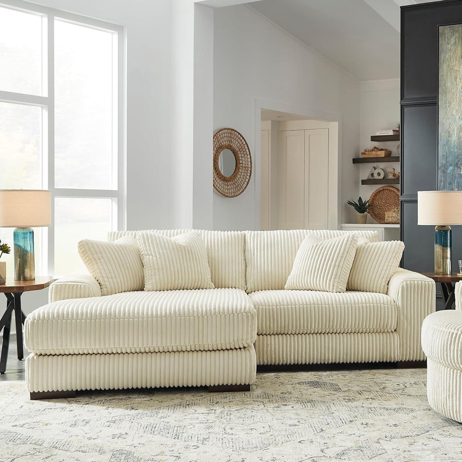 imageSignature Design by Ashley Lindyn Casual Anti Sag 3Piece Sectional with Double Chaise Reversible Cushions and 5 Accent Pillows GrayWhite