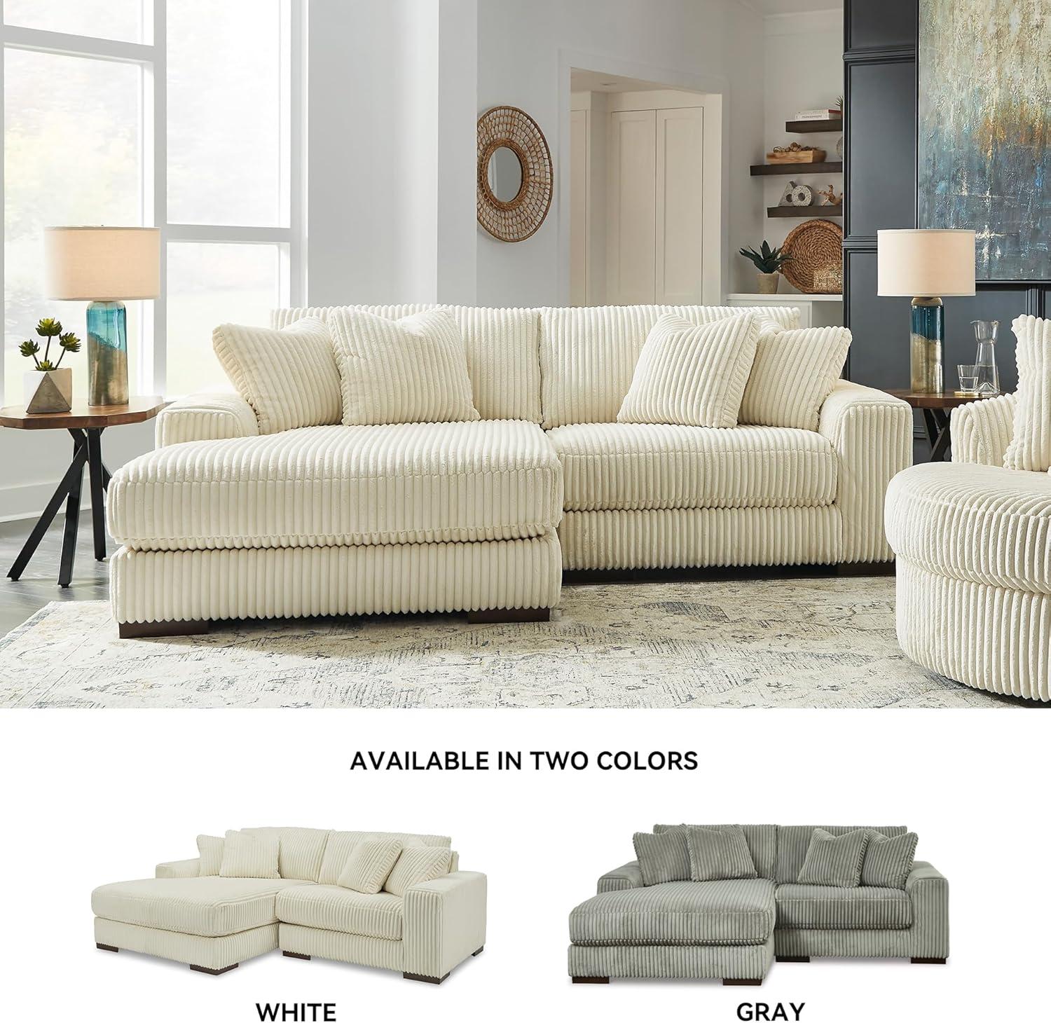 imageSignature Design by Ashley Lindyn Casual Anti Sag 3Piece Sectional with Double Chaise Reversible Cushions and 5 Accent Pillows GrayWhite