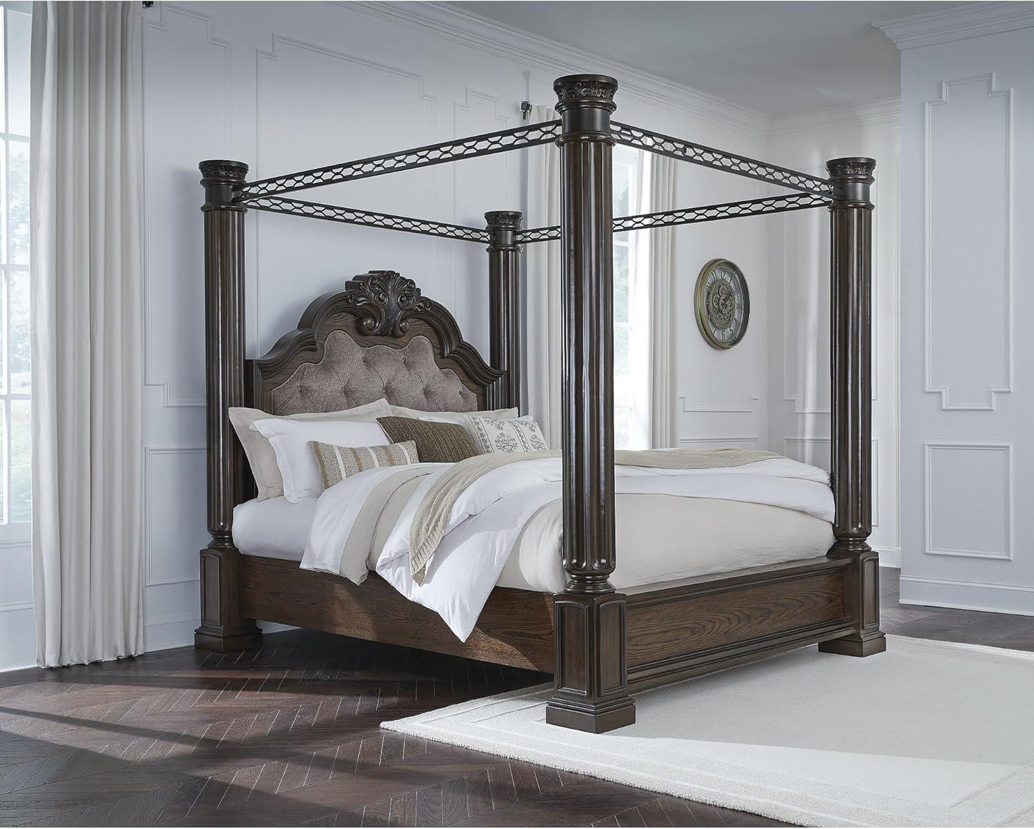 imageSignature Design by Ashley Maylee Classic Upholstered Tufted King Canopy Bed Foundation or Box Spring Needed Dark Brown