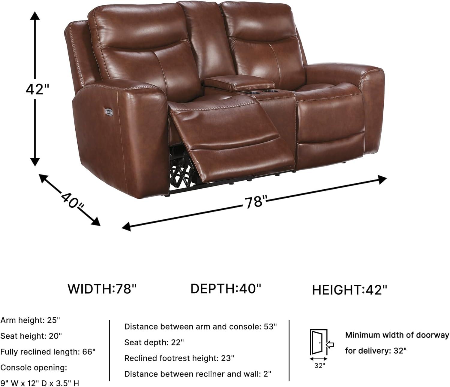 imageSignature Design by Ashley Mighty Moves Transitional Leather Match Power Reclining Loveseat with Console Adjustable Headrest USB Charging Port Storage and 2 Cup Holders Dark Brown