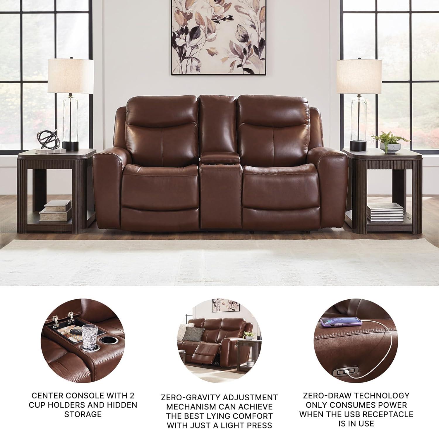 imageSignature Design by Ashley Mighty Moves Transitional Leather Match Power Reclining Loveseat with Console Adjustable Headrest USB Charging Port Storage and 2 Cup Holders Dark Brown