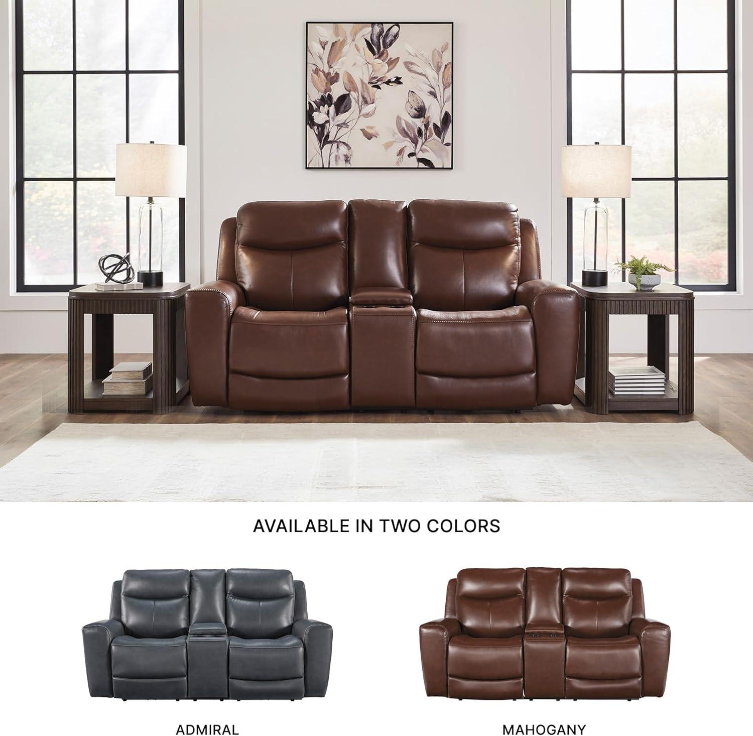 imageSignature Design by Ashley Mighty Moves Transitional Leather Match Power Reclining Loveseat with Console Adjustable Headrest USB Charging Port Storage and 2 Cup Holders Dark Brown