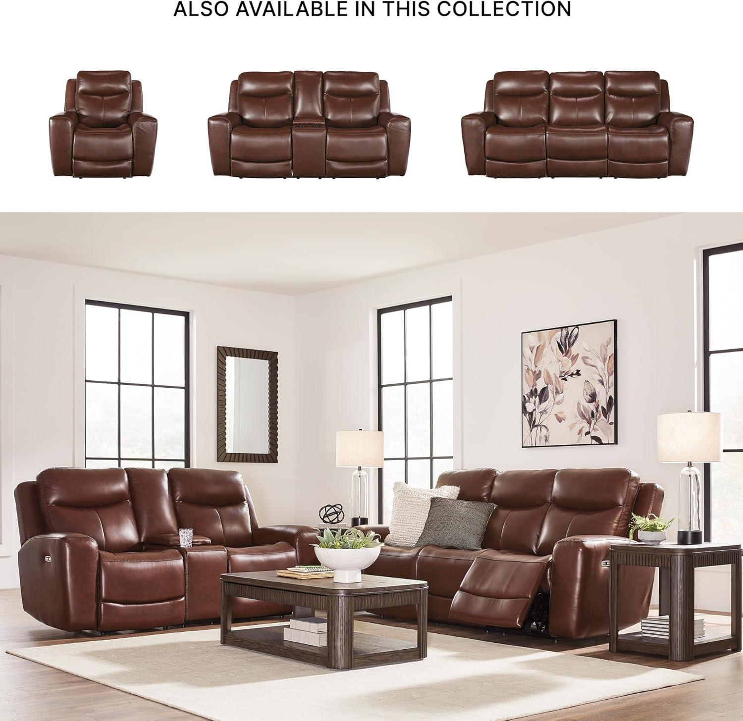 imageSignature Design by Ashley Mighty Moves Transitional Leather Match Power Reclining Loveseat with Console Adjustable Headrest USB Charging Port Storage and 2 Cup Holders Dark Brown