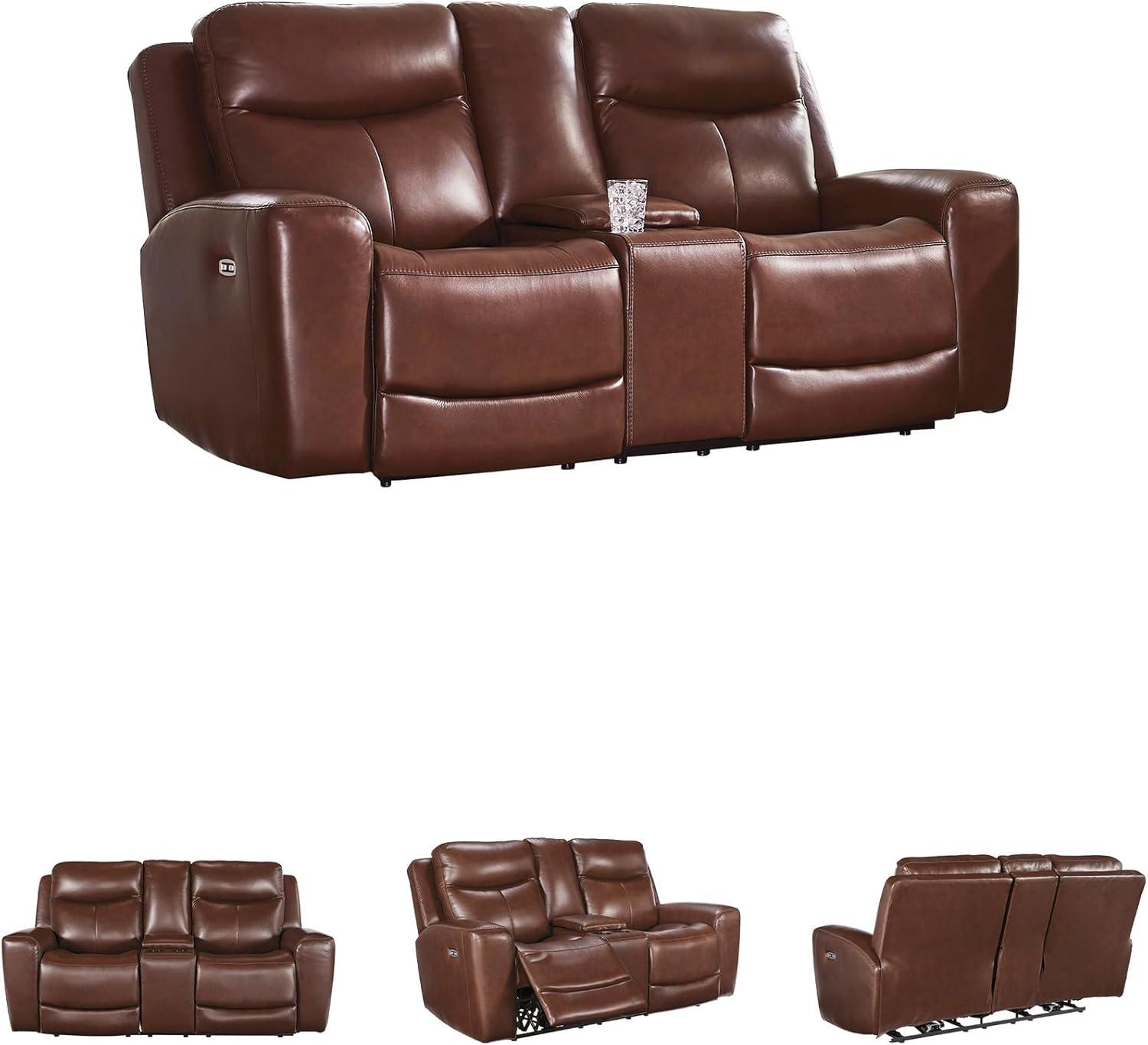imageSignature Design by Ashley Mighty Moves Transitional Leather Match Power Reclining Loveseat with Console Adjustable Headrest USB Charging Port Storage and 2 Cup Holders Dark Brown