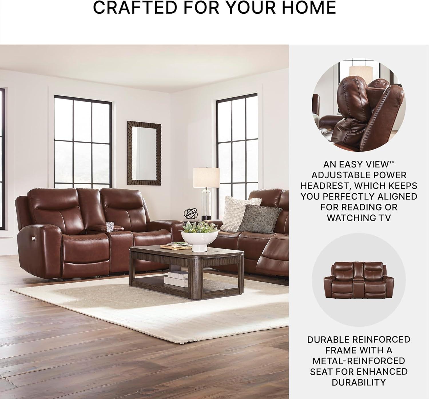imageSignature Design by Ashley Mighty Moves Transitional Leather Match Power Reclining Loveseat with Console Adjustable Headrest USB Charging Port Storage and 2 Cup Holders Dark Brown