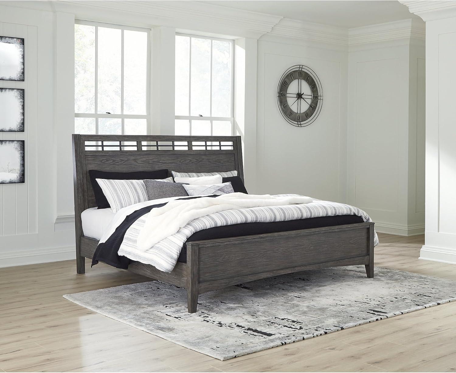 imageSignature Design by Ashley Montillan Contemporary King Panel Bed with LayBack Headboard Foundation or Box Spring Needed Dark BrownCalifornia King Panel Bed