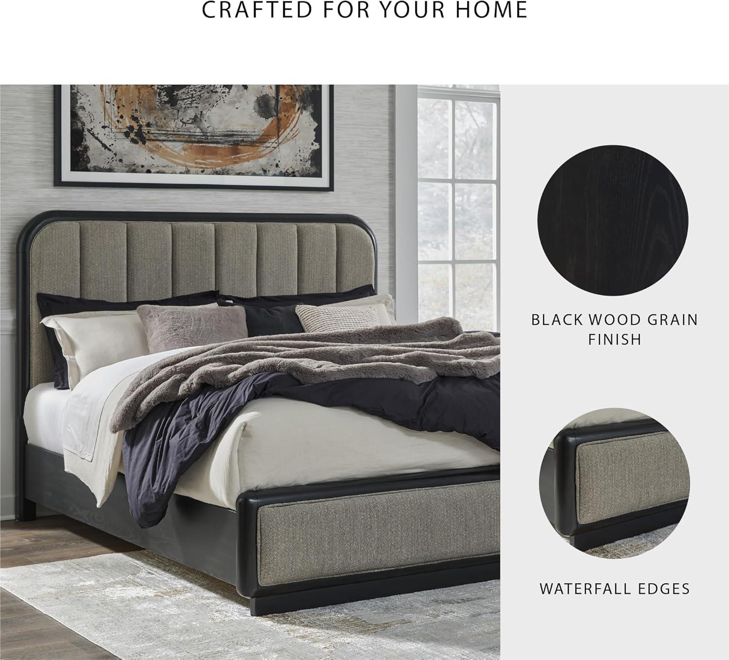 imageSignature Design by Ashley Rowanbeck Contemporary Queen Upholstered Panel Bed with Waterfall Edges Foundation or Box Spring Needed Black amp GrayCalifornia King Upholstered Panel Bed