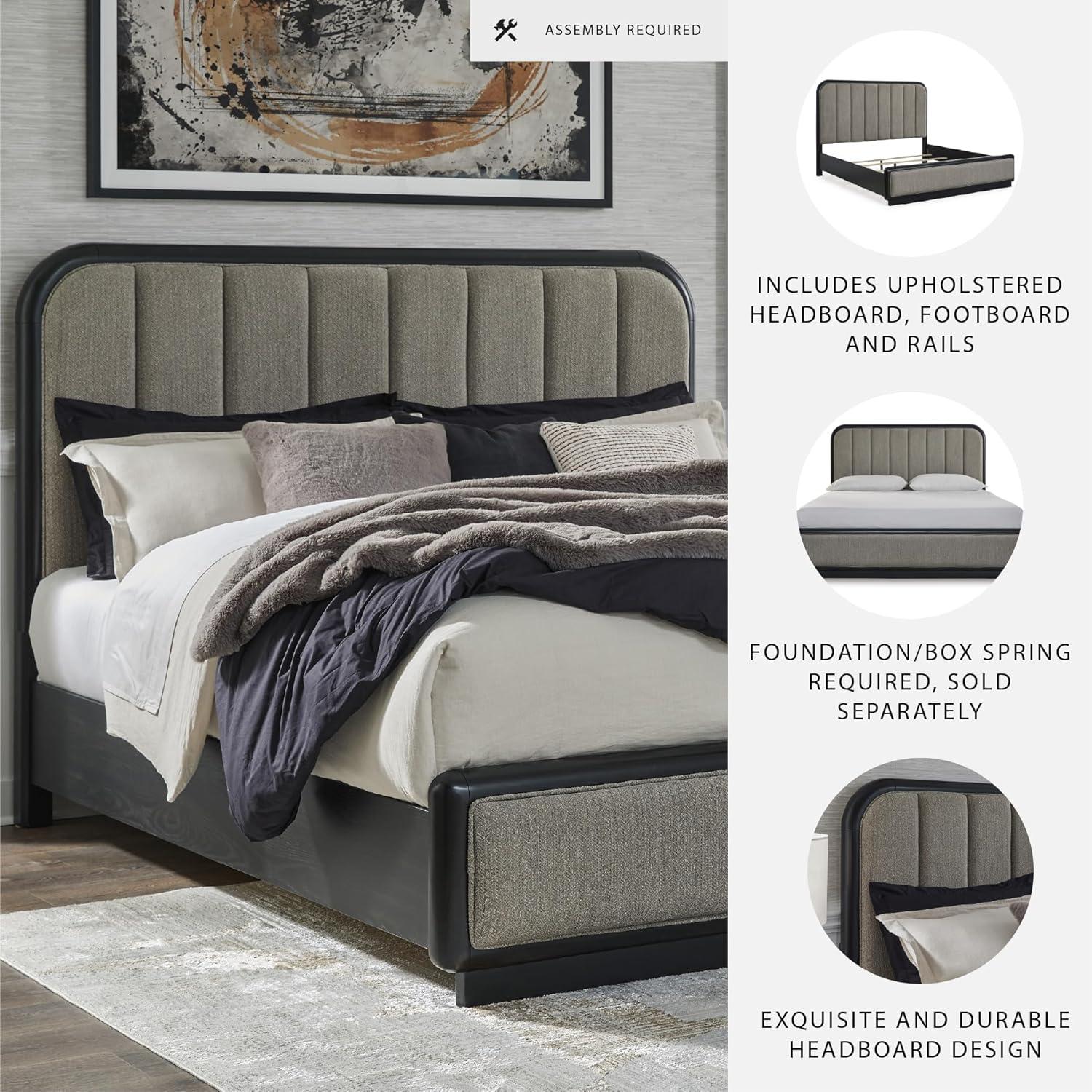 imageSignature Design by Ashley Rowanbeck Contemporary Queen Upholstered Panel Bed with Waterfall Edges Foundation or Box Spring Needed Black amp GrayCalifornia King Upholstered Panel Bed