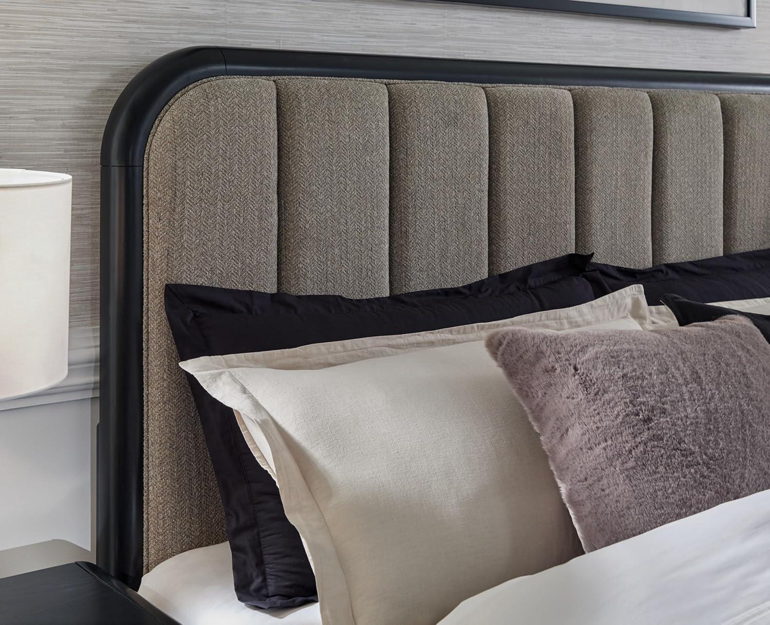 imageSignature Design by Ashley Rowanbeck Contemporary Queen Upholstered Panel Bed with Waterfall Edges Foundation or Box Spring Needed Black amp GrayCalifornia King Upholstered Panel Bed