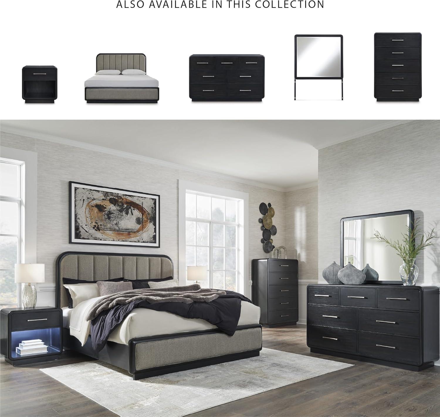 imageSignature Design by Ashley Rowanbeck Contemporary Queen Upholstered Panel Bed with Waterfall Edges Foundation or Box Spring Needed Black amp GrayCalifornia King Upholstered Panel Bed