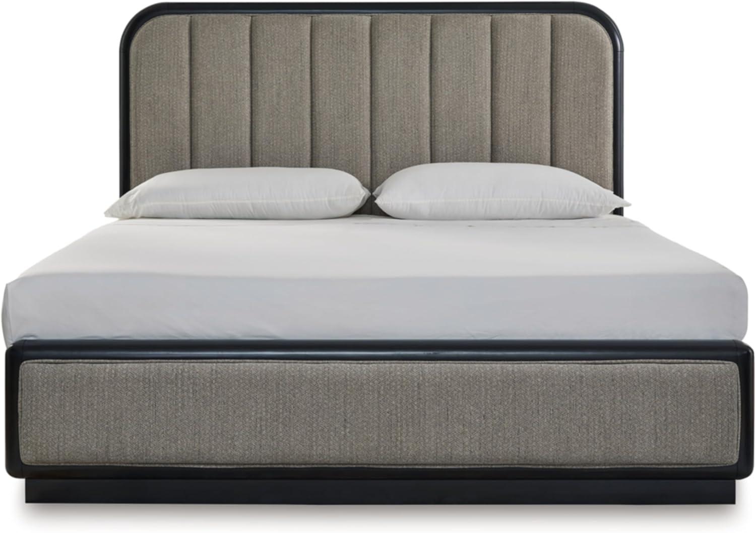 imageSignature Design by Ashley Rowanbeck Contemporary Queen Upholstered Panel Bed with Waterfall Edges Foundation or Box Spring Needed Black amp GrayKing Upholstered Panel Bed