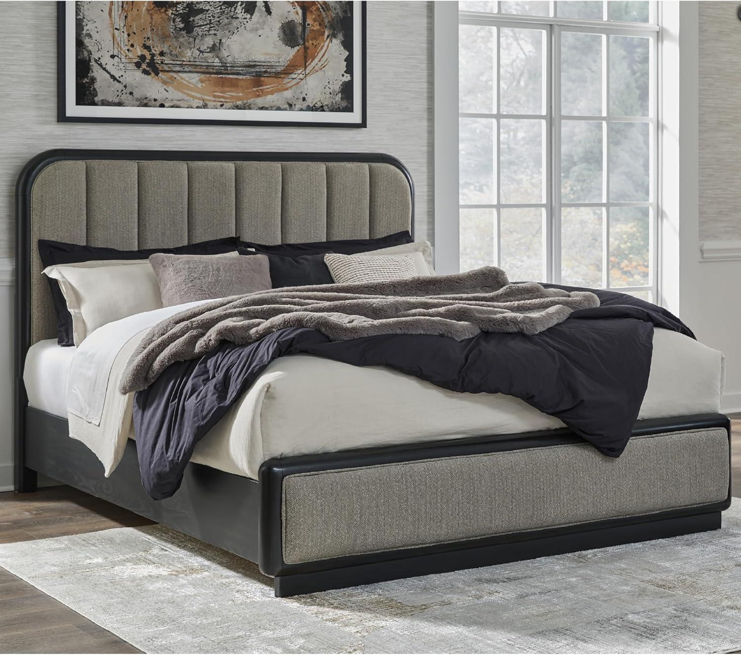 imageSignature Design by Ashley Rowanbeck Contemporary Queen Upholstered Panel Bed with Waterfall Edges Foundation or Box Spring Needed Black amp GrayKing Upholstered Panel Bed