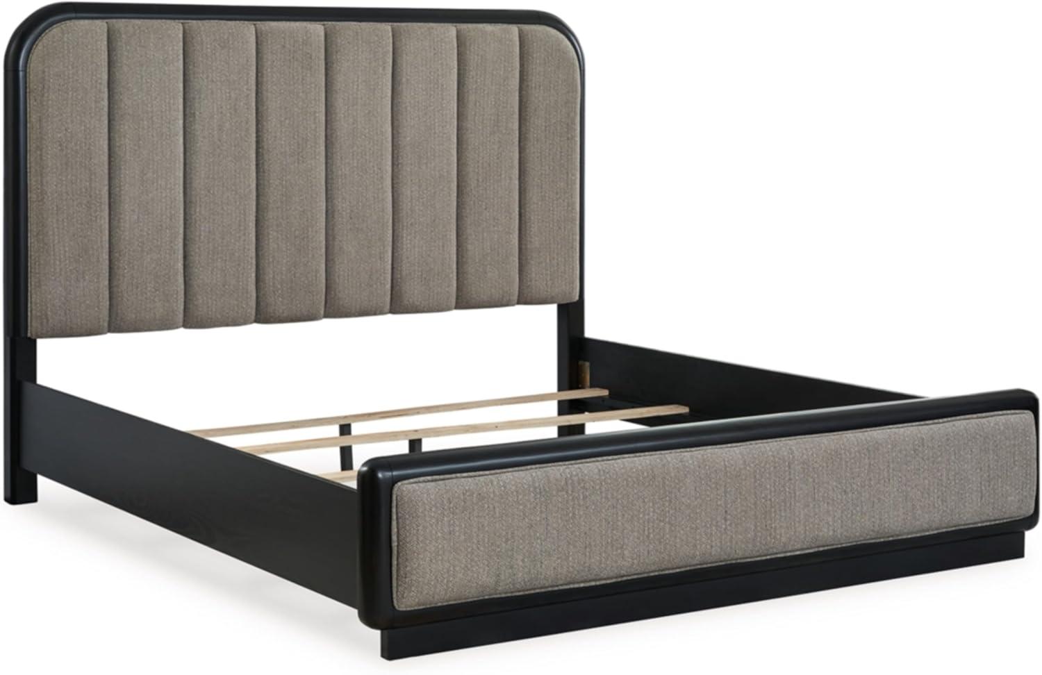 imageSignature Design by Ashley Rowanbeck Contemporary Queen Upholstered Panel Bed with Waterfall Edges Foundation or Box Spring Needed Black amp GrayKing Upholstered Panel Bed