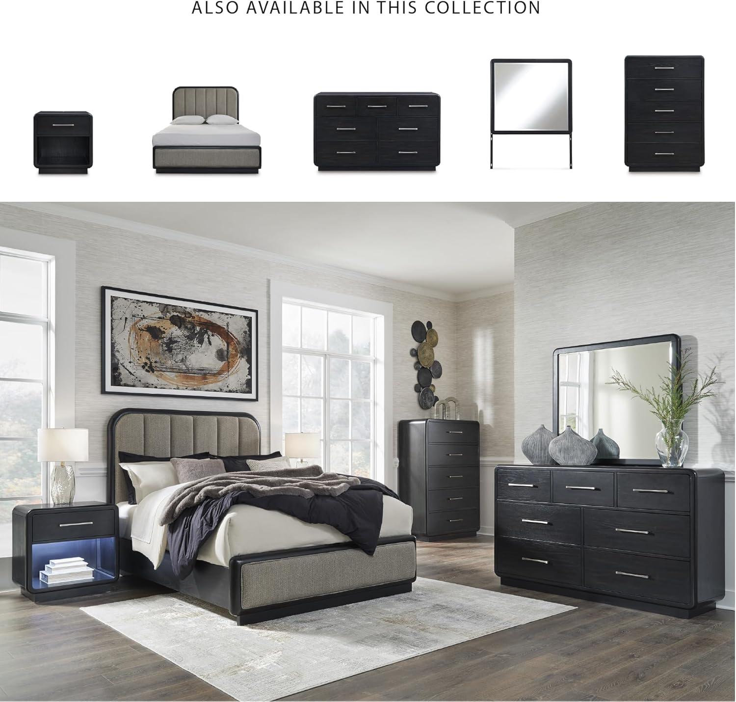 imageSignature Design by Ashley Rowanbeck Contemporary Queen Upholstered Panel Bed with Waterfall Edges Foundation or Box Spring Needed Black amp GrayQueen Upholstered Panel Bed