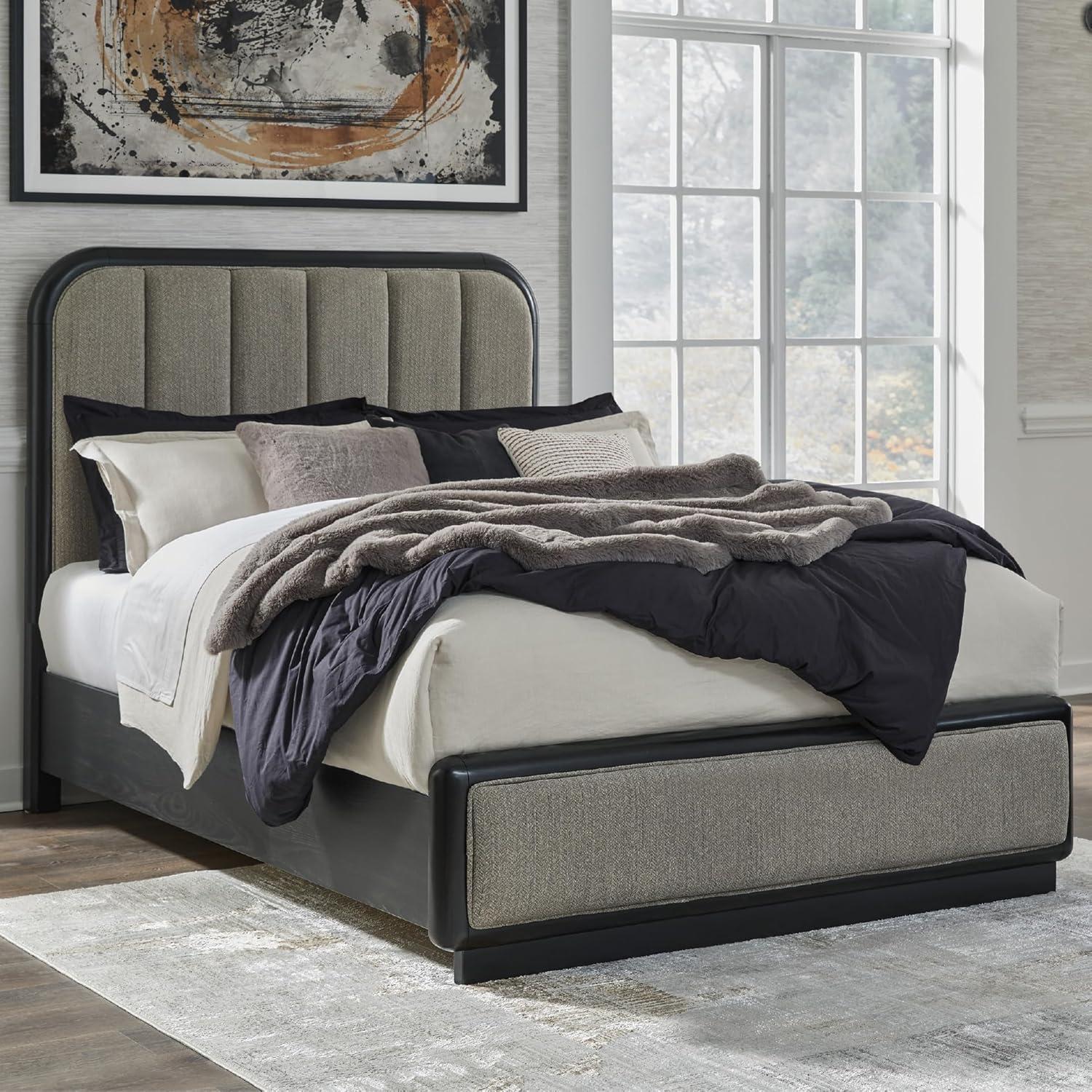 imageSignature Design by Ashley Rowanbeck Contemporary Queen Upholstered Panel Bed with Waterfall Edges Foundation or Box Spring Needed Black amp GrayQueen Upholstered Panel Bed