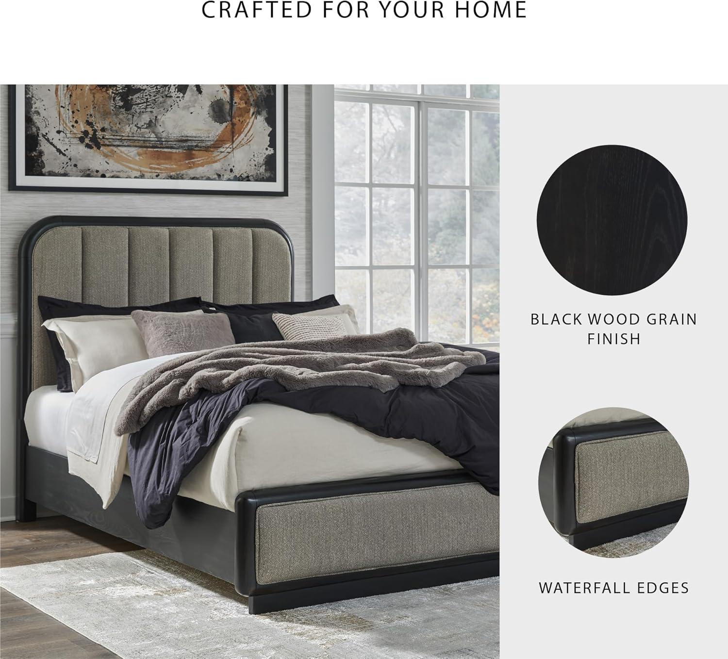 imageSignature Design by Ashley Rowanbeck Contemporary Queen Upholstered Panel Bed with Waterfall Edges Foundation or Box Spring Needed Black amp GrayQueen Upholstered Panel Bed