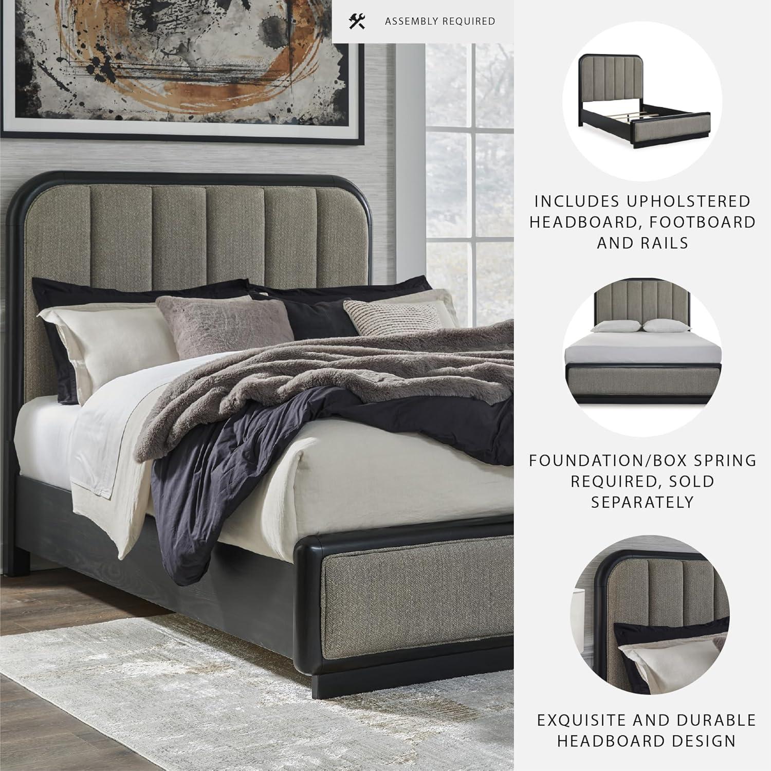 imageSignature Design by Ashley Rowanbeck Contemporary Queen Upholstered Panel Bed with Waterfall Edges Foundation or Box Spring Needed Black amp GrayQueen Upholstered Panel Bed