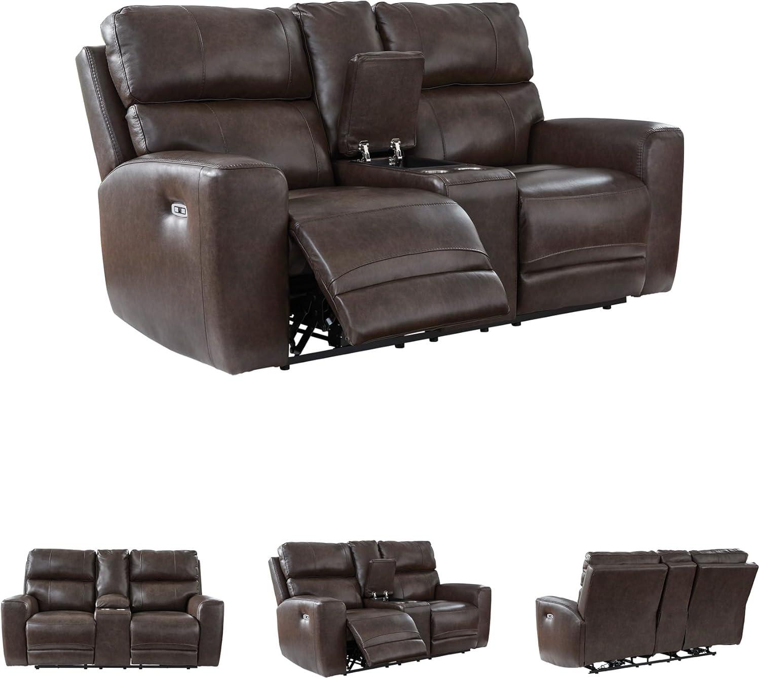 imageSignature Design by Ashley Side Step Modern Leather Match Power Reclining Loveseat with Console Adjustable Headrest USB Ports and 2 Cup Holders Dark Brown