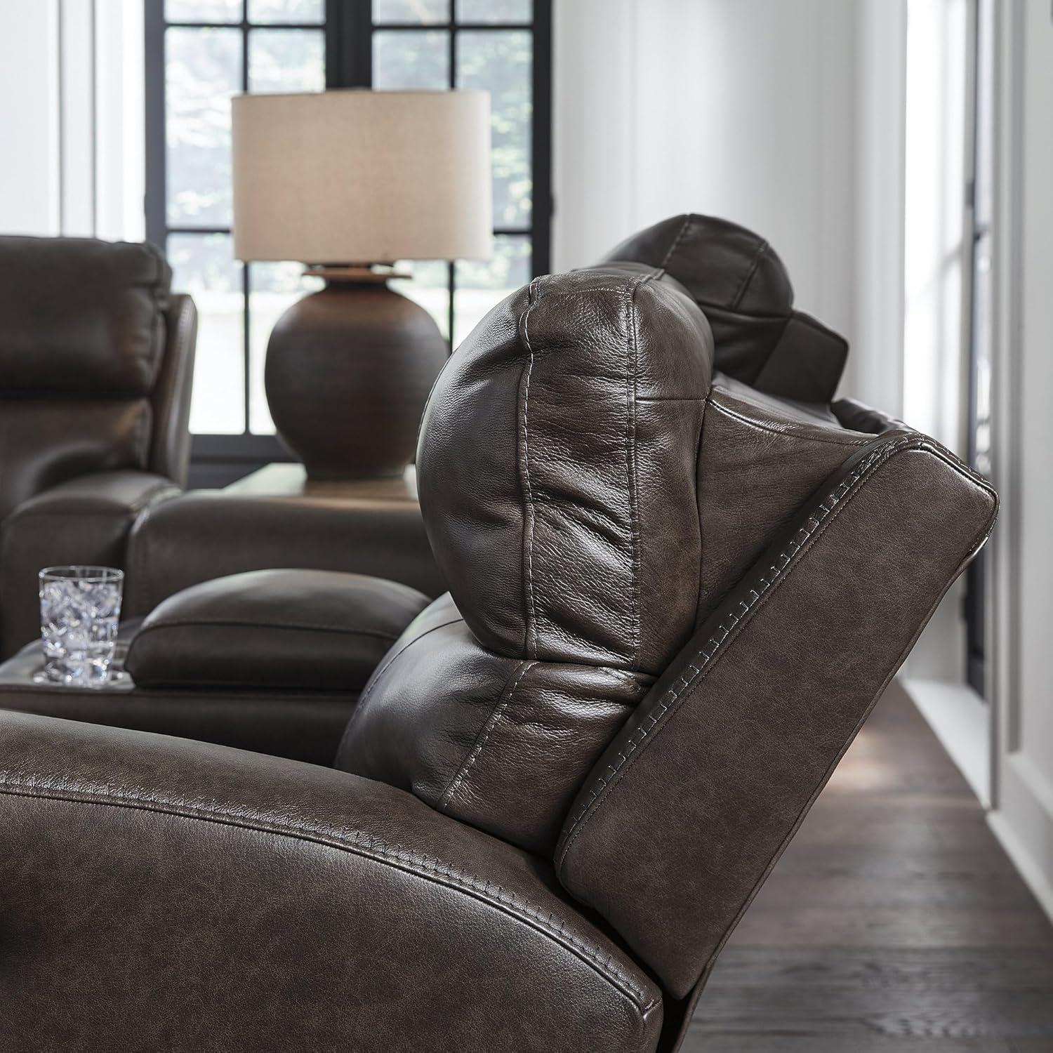 imageSignature Design by Ashley Side Step Modern Leather Match Power Reclining Loveseat with Console Adjustable Headrest USB Ports and 2 Cup Holders Dark Brown