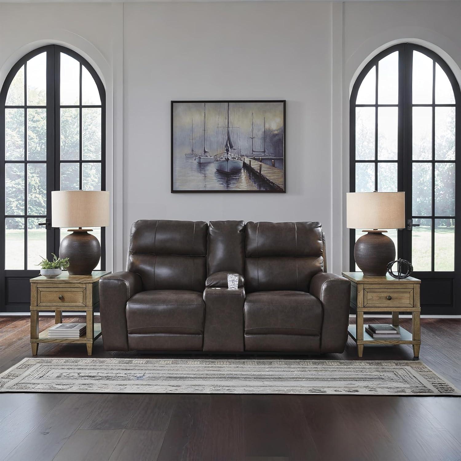 imageSignature Design by Ashley Side Step Modern Leather Match Power Reclining Loveseat with Console Adjustable Headrest USB Ports and 2 Cup Holders Dark Brown