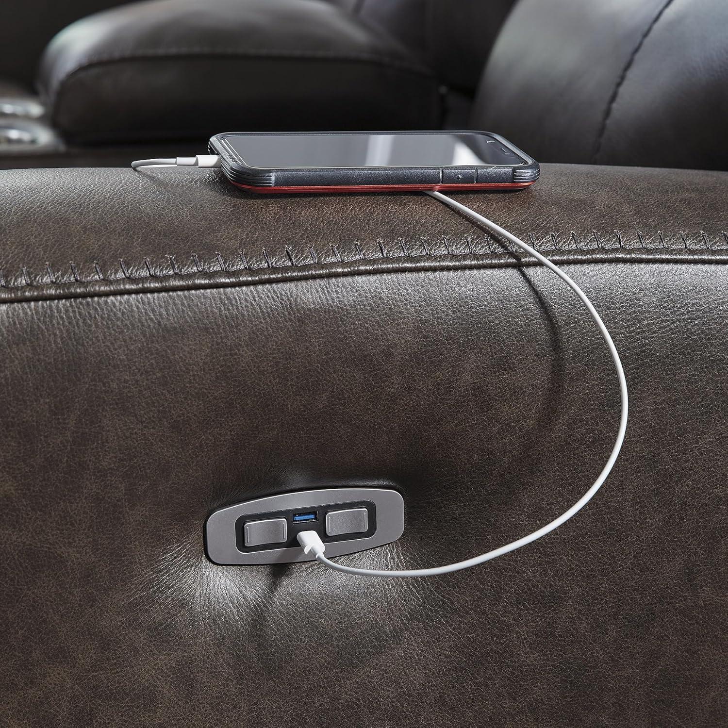 imageSignature Design by Ashley Side Step Modern Leather Match Power Reclining Loveseat with Console Adjustable Headrest USB Ports and 2 Cup Holders Dark Brown