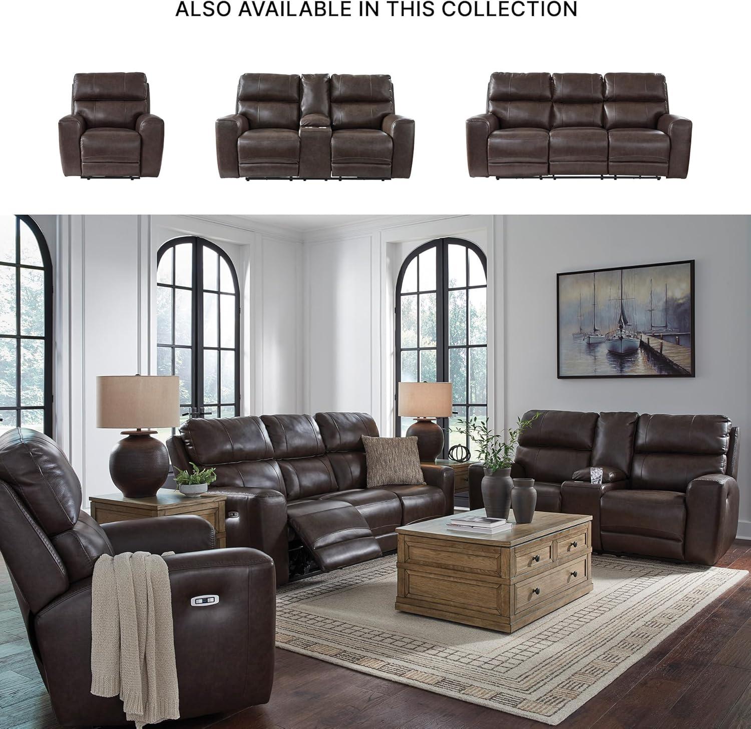 imageSignature Design by Ashley Side Step Modern Leather Match Power Reclining Loveseat with Console Adjustable Headrest USB Ports and 2 Cup Holders Dark Brown